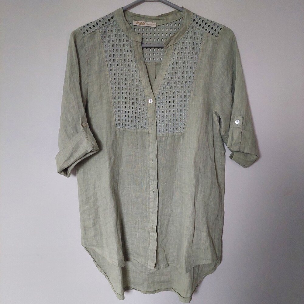 M&G Women's Sz S 100% Linen Lace Cover Up Sheer Designer Shirt Italy